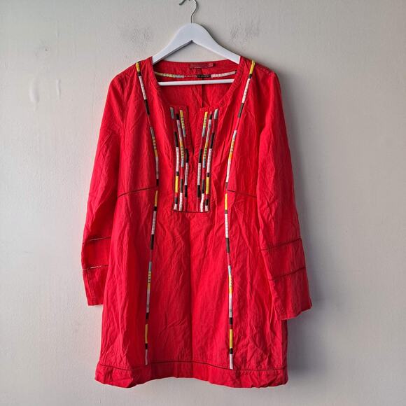 Prana Womens Boho Red Slit Front Long Sleeve Lacy Mini Dress / Tunic - Size L - Picture 3 of 11